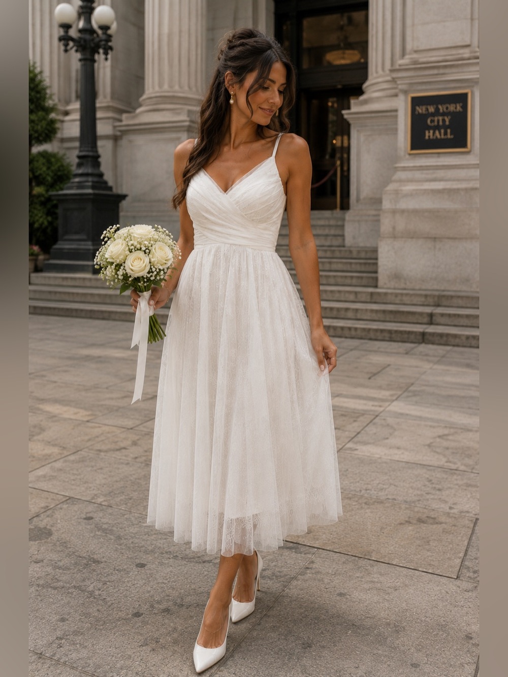 Elegant White Tulle Mesh Overlay Midi Tea Length Dress Size 0